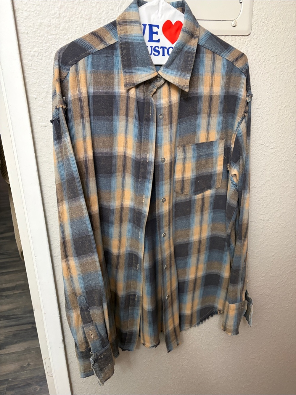 NWOT women’s inside out Plaid Button-Up Shirt - Blue, Tan & Gray